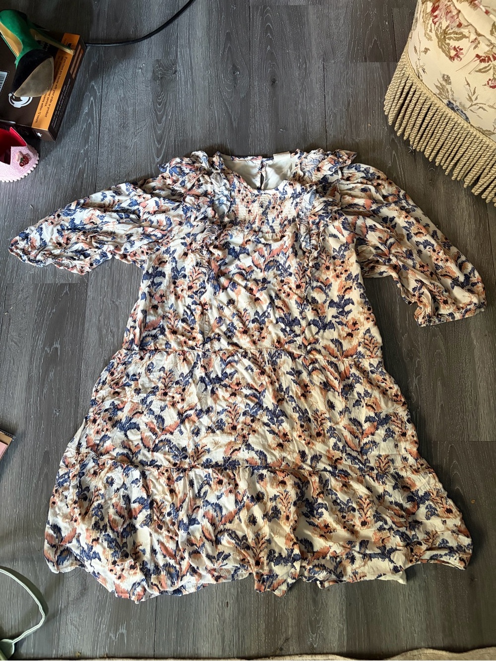 Floral Smocked Midi Dress in Cream and Navy